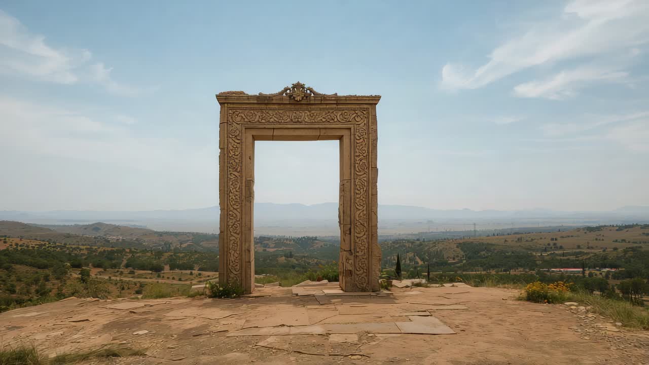 Approaching camera revealing ornate carved stone portal on hilltop platform, showing fine motifs