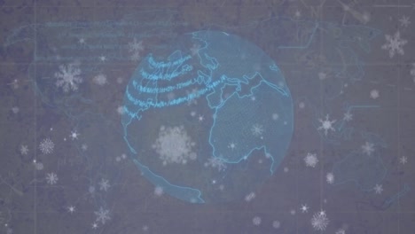 Animation-of-snowflakes-over-rotating-globe-on-violet-background