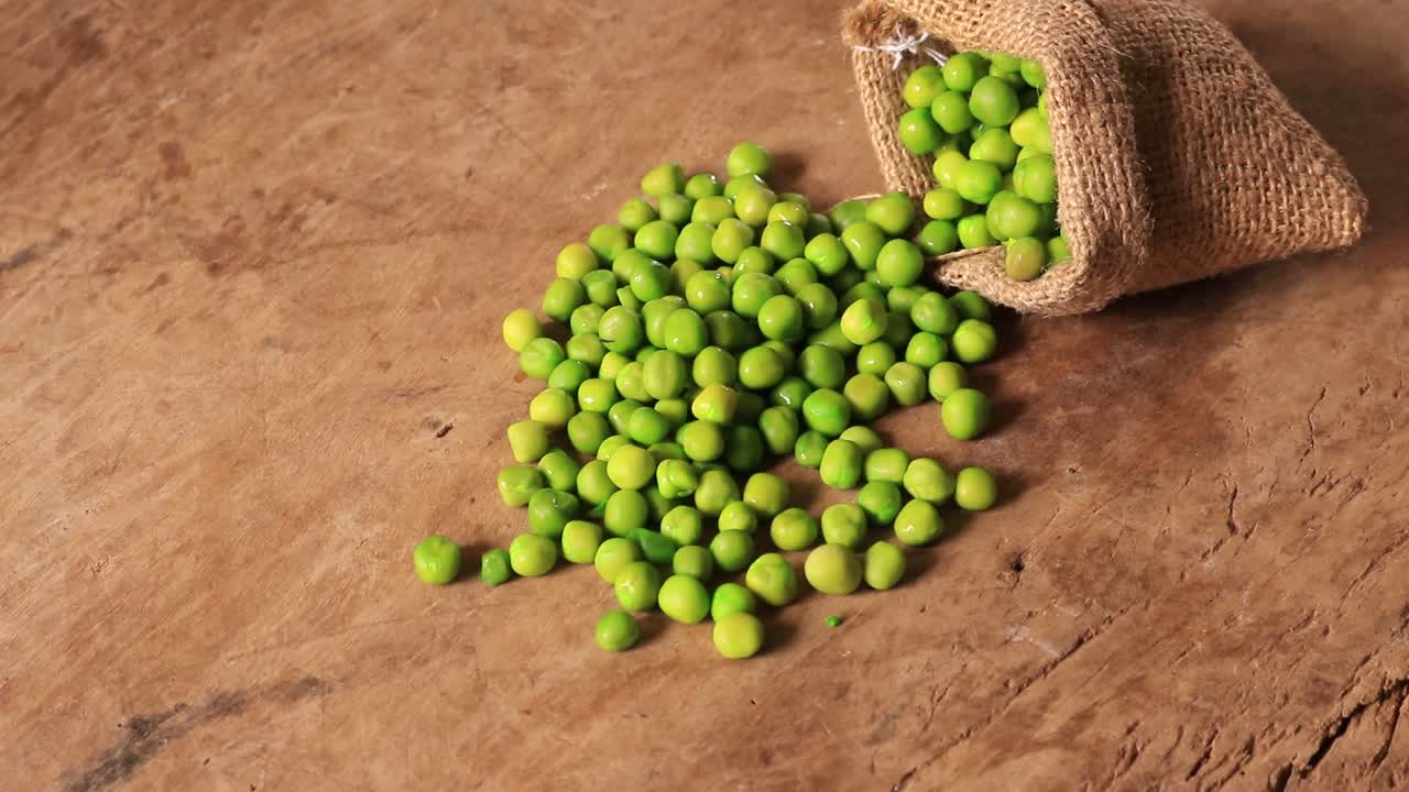 Green peas in a jute sack bag