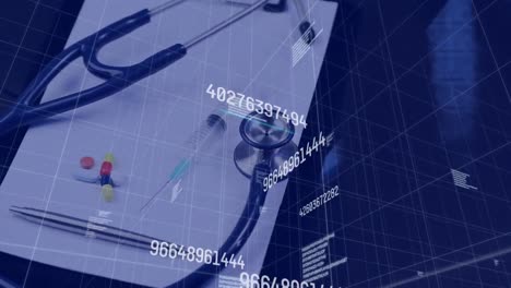animation of increasing numbers over stethoscope and pills