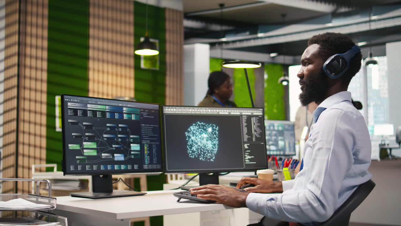 Engineer Coding With Ai Language Model Assistance In Office, Listening Music