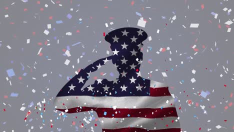 Animation-of-saluting-soldier-figure-over-flag-of-usa-and-confetti