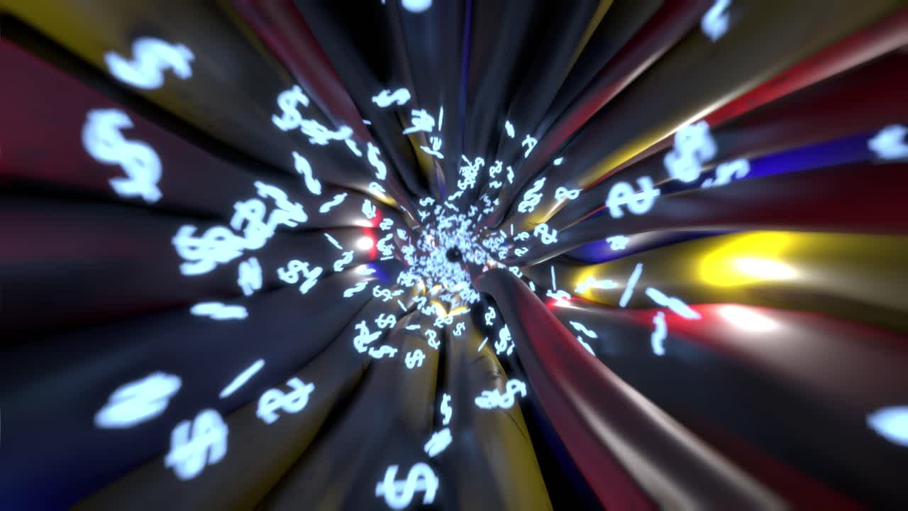 los cables, los cables, el signo del dólar, el vuelo a través de los datos, internet, el circuito de energía, la fibra 4k.