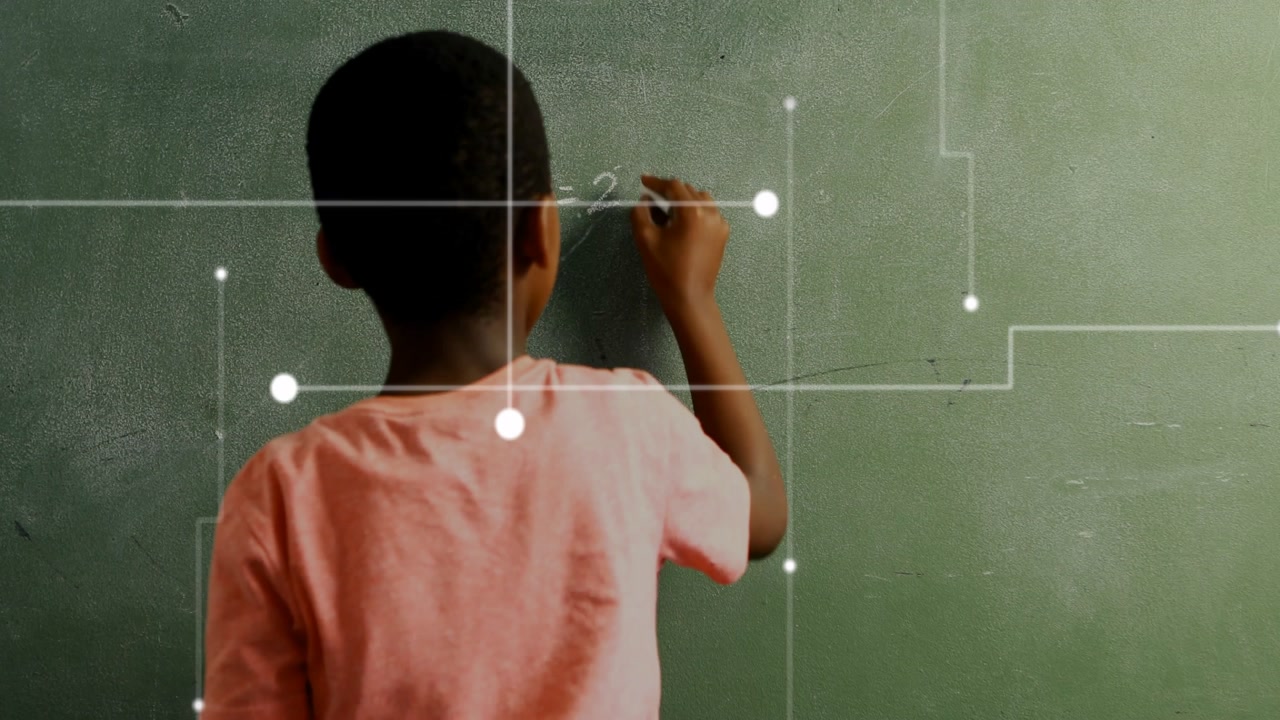 Boy picking chalk and writing H?=2 on chalkboard as dots and lines forming overlay for education