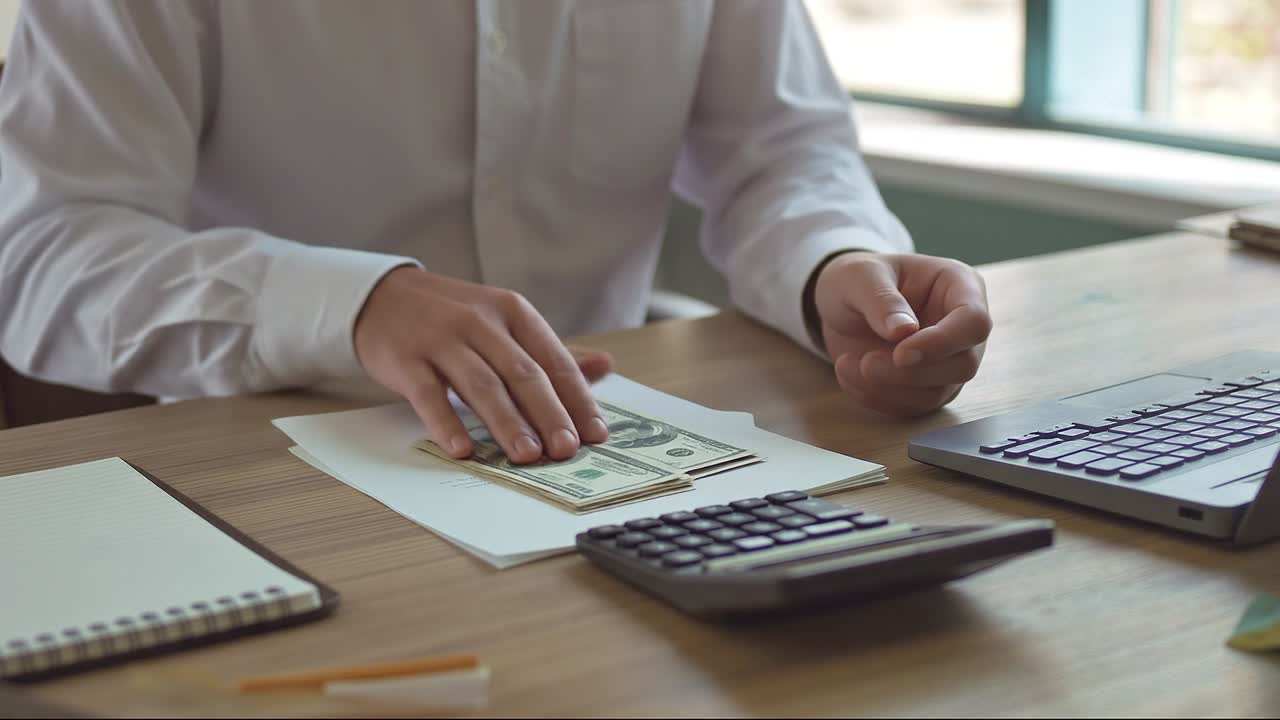 Primo piano di mani che contano denaro alla scrivania con calcolatrice e documenti che rappresentano il lavoro di contabilità finanziaria e budgeting