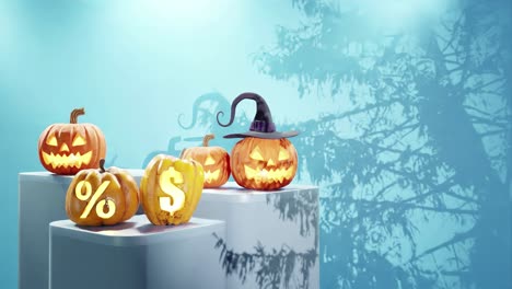 halloween-themed display with carved pumpkins on platforms, one with a witch hat and others with percentage and dollar signs, shadows of branches on a blue background