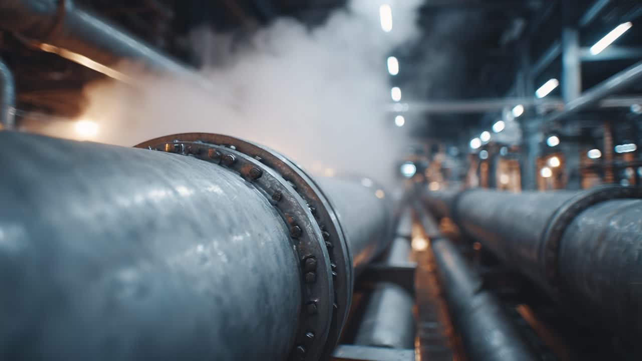 Vapore che si alza da tubi industriali: vista ravvicinata di robuste condutture in un moderno stabilimento industriale che crea un'atmosfera dinamica