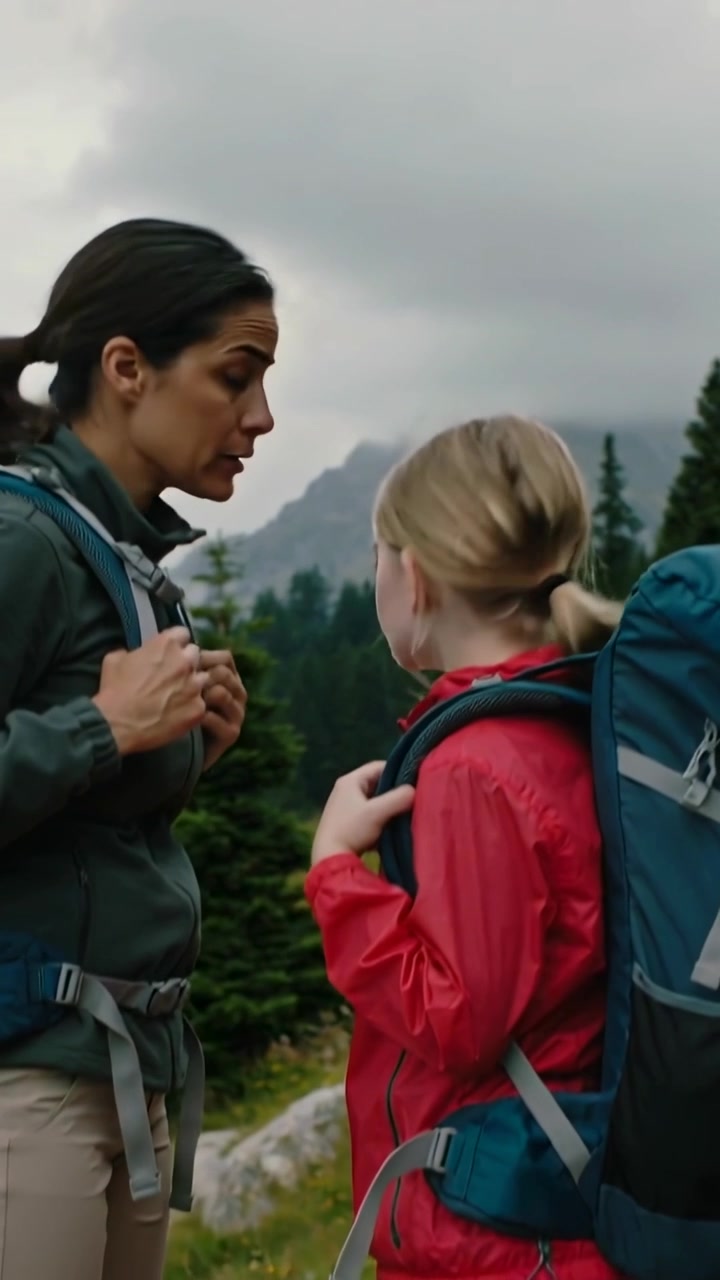 Vertical video: Adjusting strap mom checking chest strap on trail prepping kid with packs, red coat