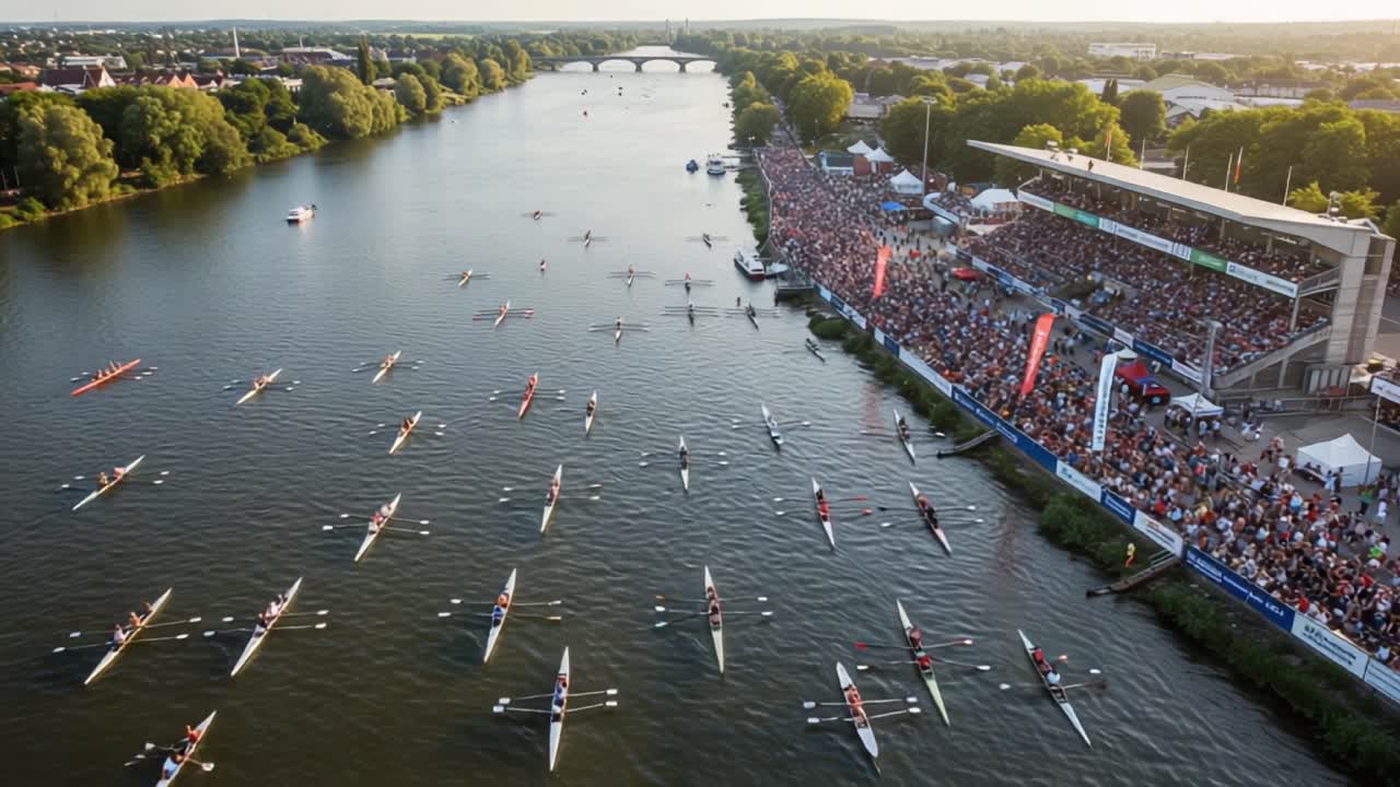 Spectacular Rowing Competition Captured from Above, Showcasing Athletes Paddling Along the River Amidst a Thriving Crowd and Lively Festivities