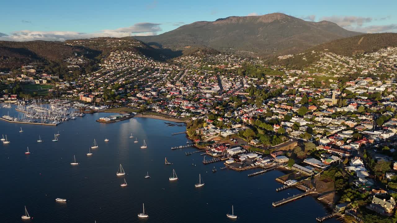 High altitude view over the city of Hobart and the Derwent River in Tasmania, Australia.