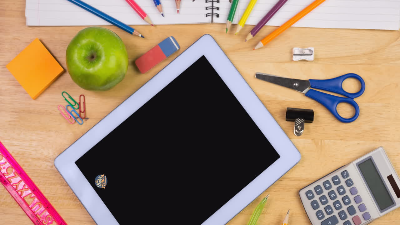 Animation of back to school text logo on blue circle moving over school equipment and tablet on wood