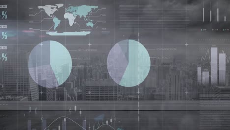 Animation of infographic interface over modern cityscape against cloudy sky