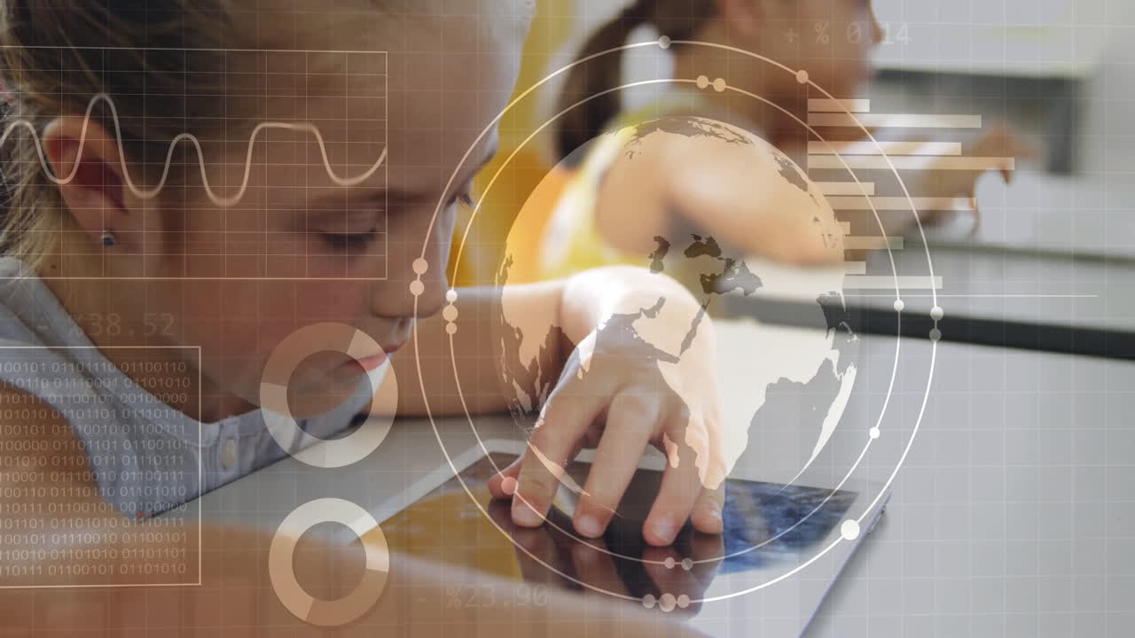 In school, child using tablet with animation of digital globe and data graphics