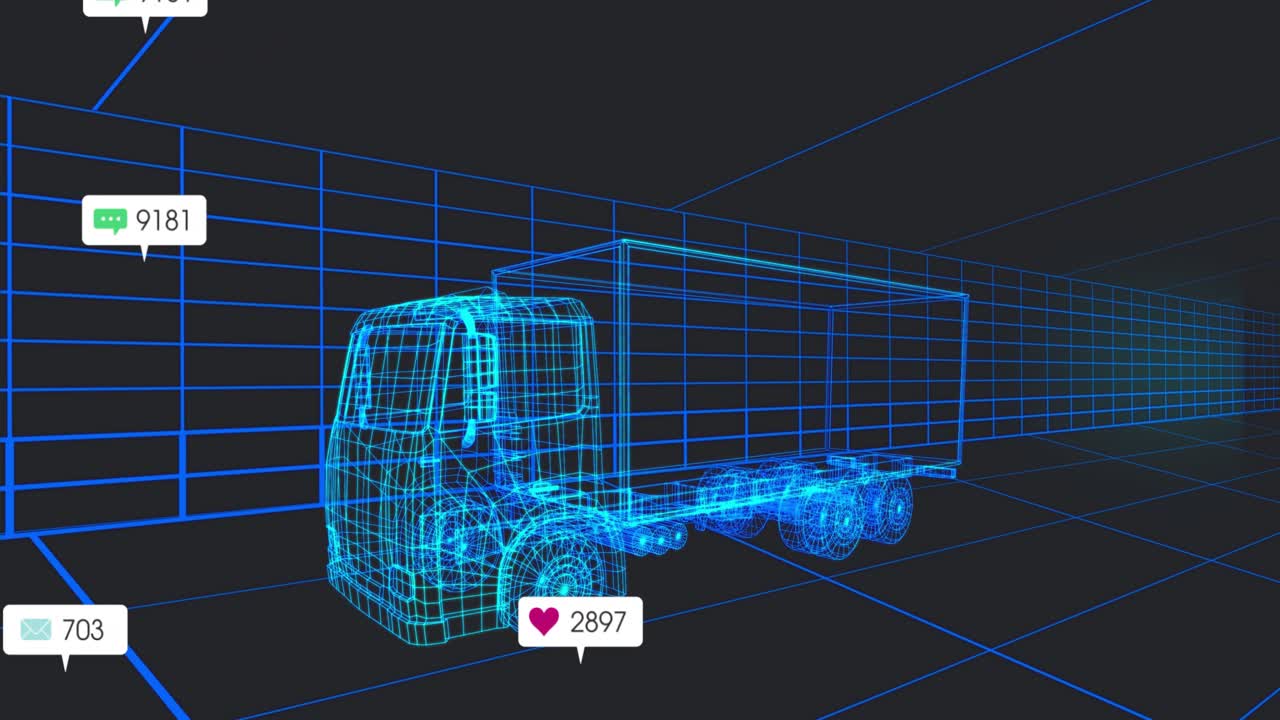 After initial hold neon-blue wireframe truck attracting social media callouts to visualize metrics