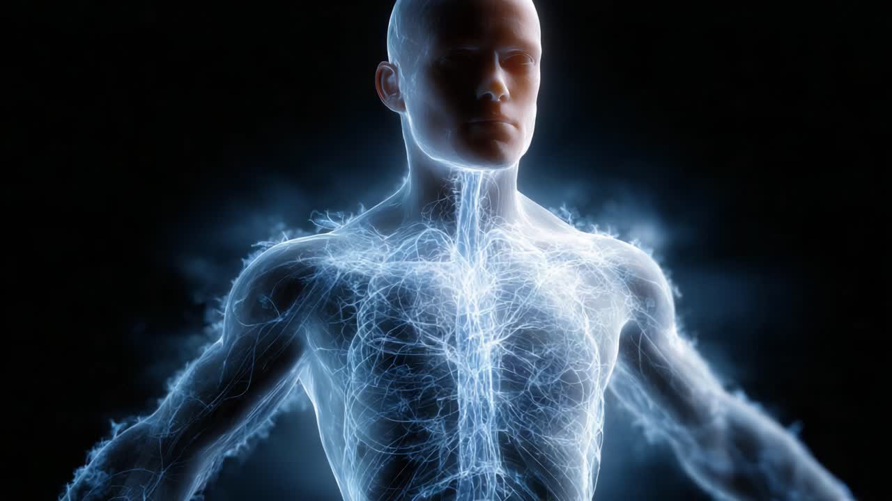 A Stunning Visual Representation of the Human Body's Energy Flow, Highlighting the Intricate Network of Veins and Nerves in Ethereal Light