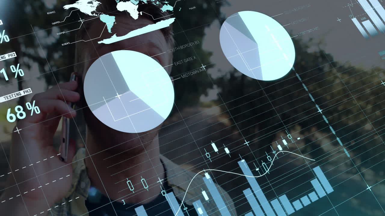 man holding smartphone to ear standing in green park, displaying floating business analytics charts
