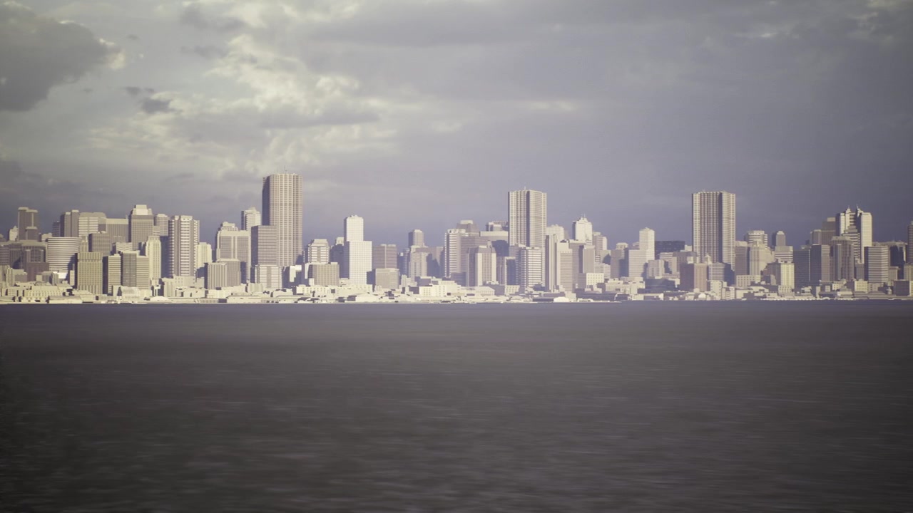 Panoramic coastal city scene with highrise structures and peaceful water