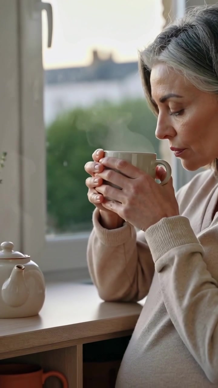 Video verticale: Versando da una teiera, futura mamma in maglione che tiene una tazza tra le mani vicino alla finestra per scaldarsi, spazio per il testo.