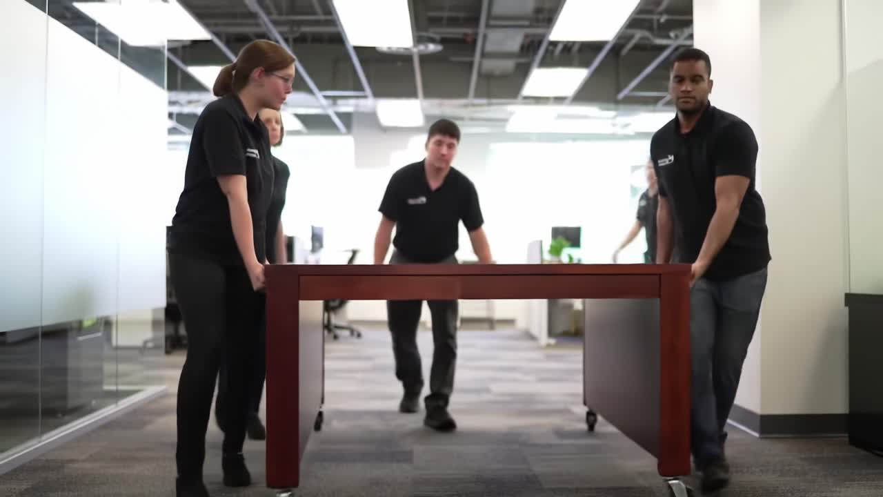 Teamwork in Action: A Group of Four Individuals Collaborates to Move a Large Table in a Modern Office Environment, Showcasing Coordination and Effort