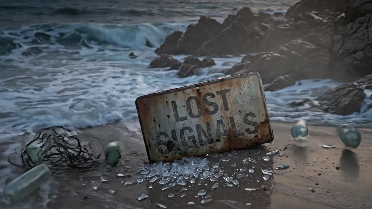 Waves Crash on Polluted Beach with "Lost Signals" Sign and Debris