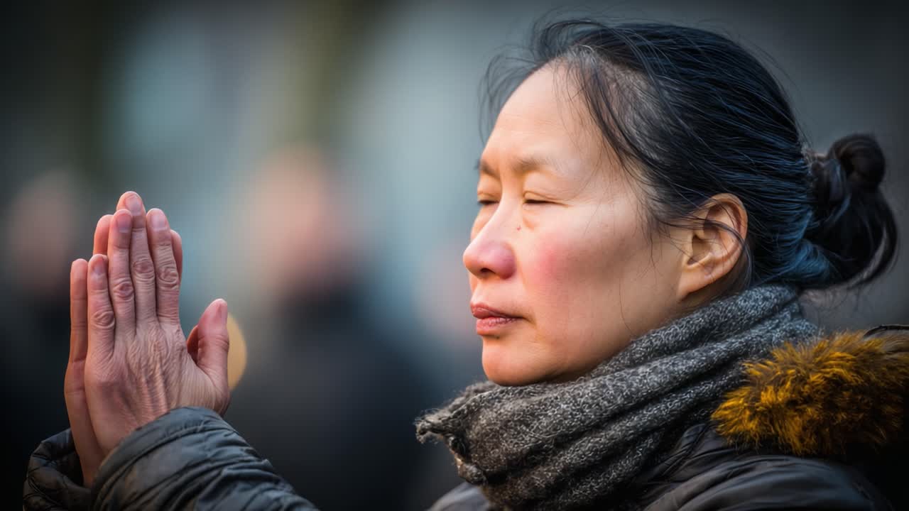 A Woman with Raised Hands Expresses Emotion in a Moment of Reflection and Contemplation, Highlighting a Connection to Inner Peace and Solitude Amid a Gathering of People