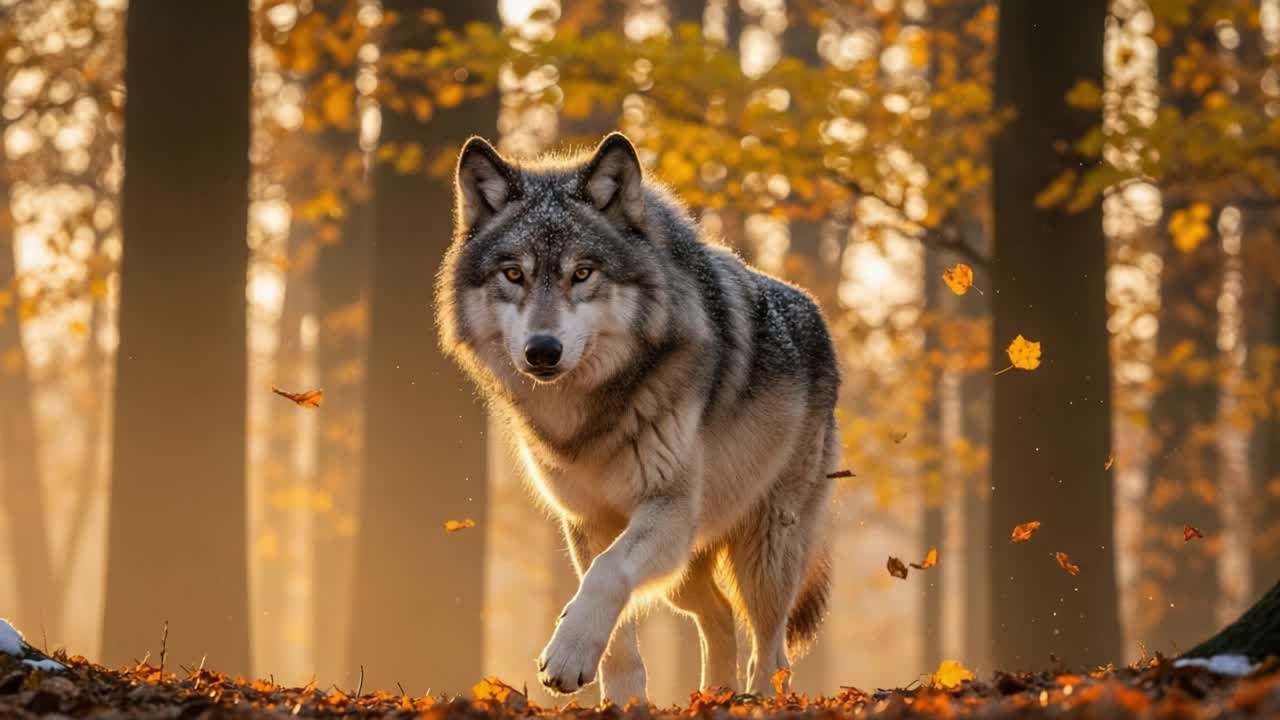 A majestic wolf prowls through a serene autumn forest, surrounded by colorful falling leaves and bathed in warm golden light, symbolizing the beauty of wildlife and nature
