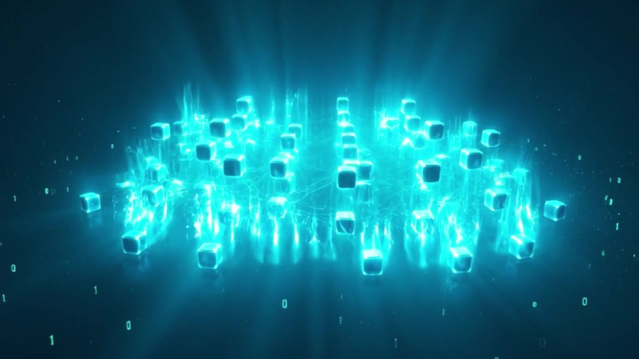 Digital Network of Glowing Blue Data Cubes