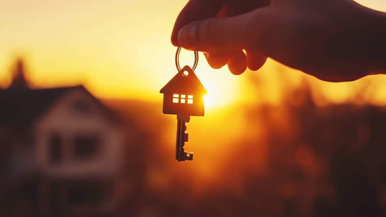 Silhouette di una mano che tiene una chiave di casa al tramonto, ripresa dal basso, ideale per video immobiliare.