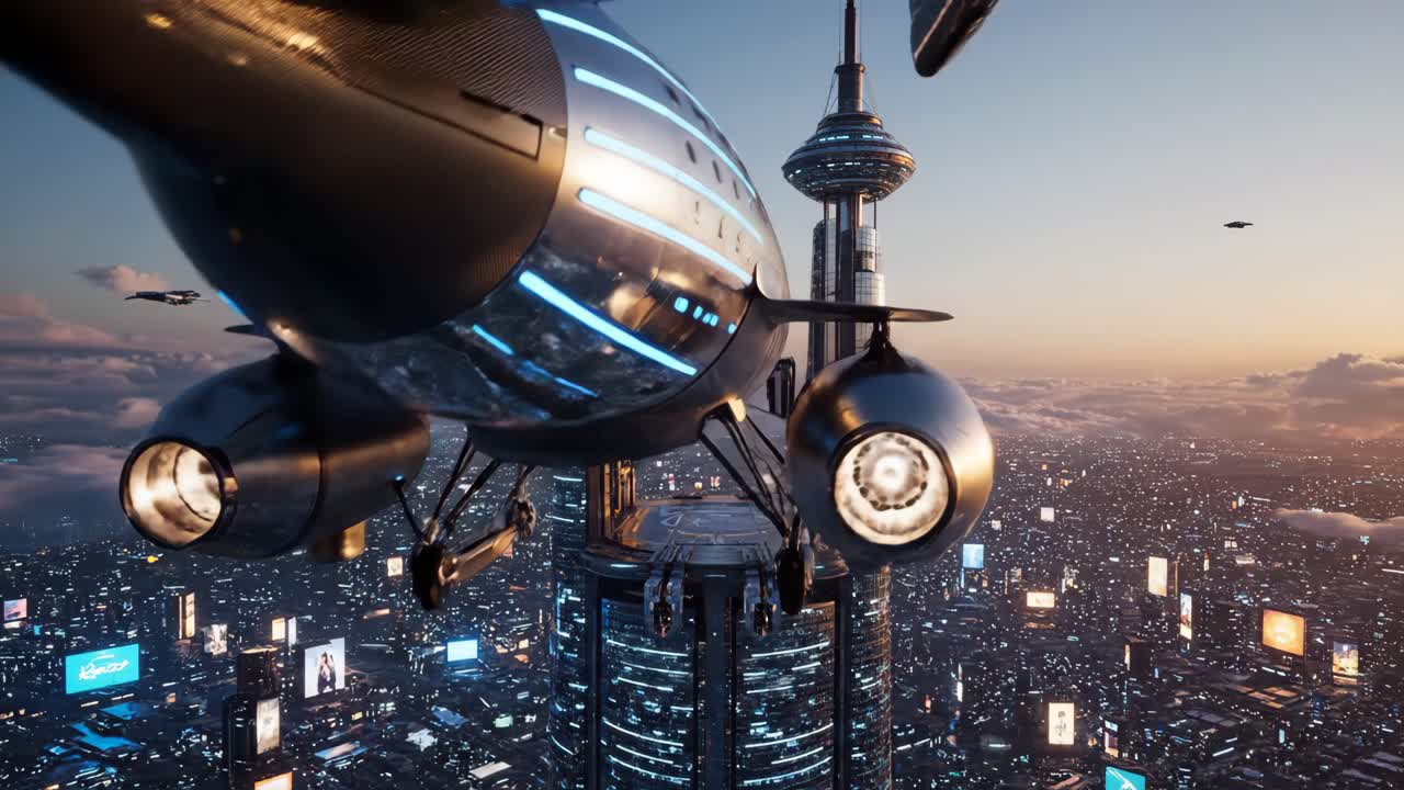 Futuristic Spaceship Over Cityscape