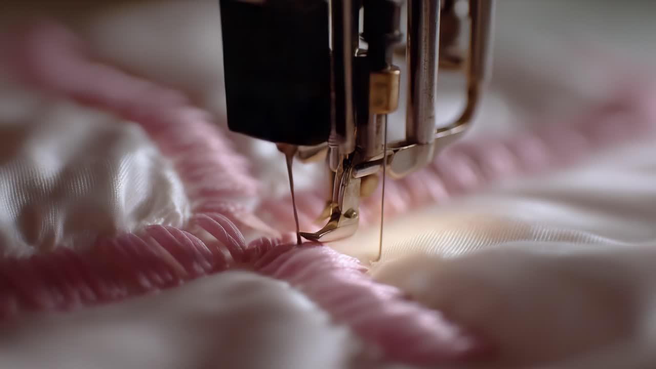 Close-Up of a Sewing Machine in Action, Creating Intricate Stitch Patterns on a Soft Fabric Quilt, Emphasizing Precision and Craftsmanship in Textile Arts
