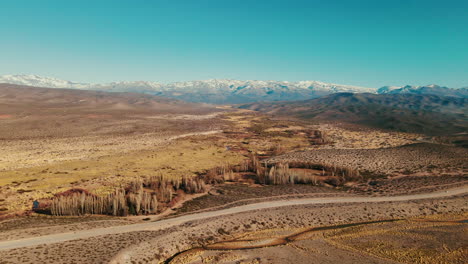 Marvelous-drone-panoramic-view-of-the-Andes-on-a-beautiful-winter-day,-showcasing-the-breathtaking-beauty-of-the-snow-covered-mountain-range