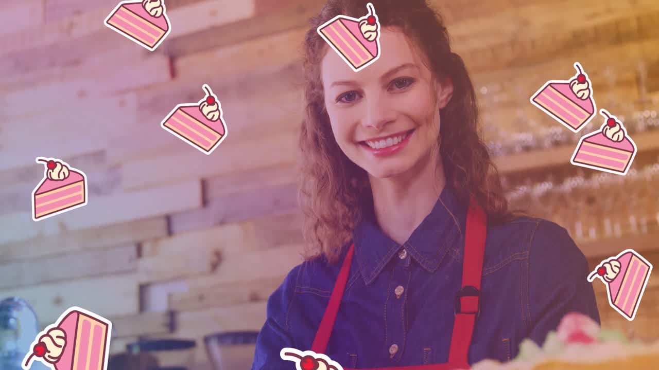 animación de iconos de pasteles sobre una trabajadora caucásica sonriente en la panadería
