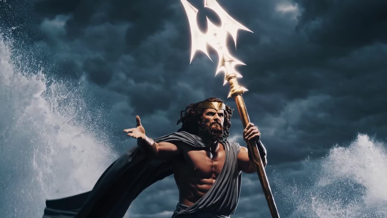 Cena de vídeo épica de uma figura mitológica empunhando um tridente luminoso contra céus tempestuosos.