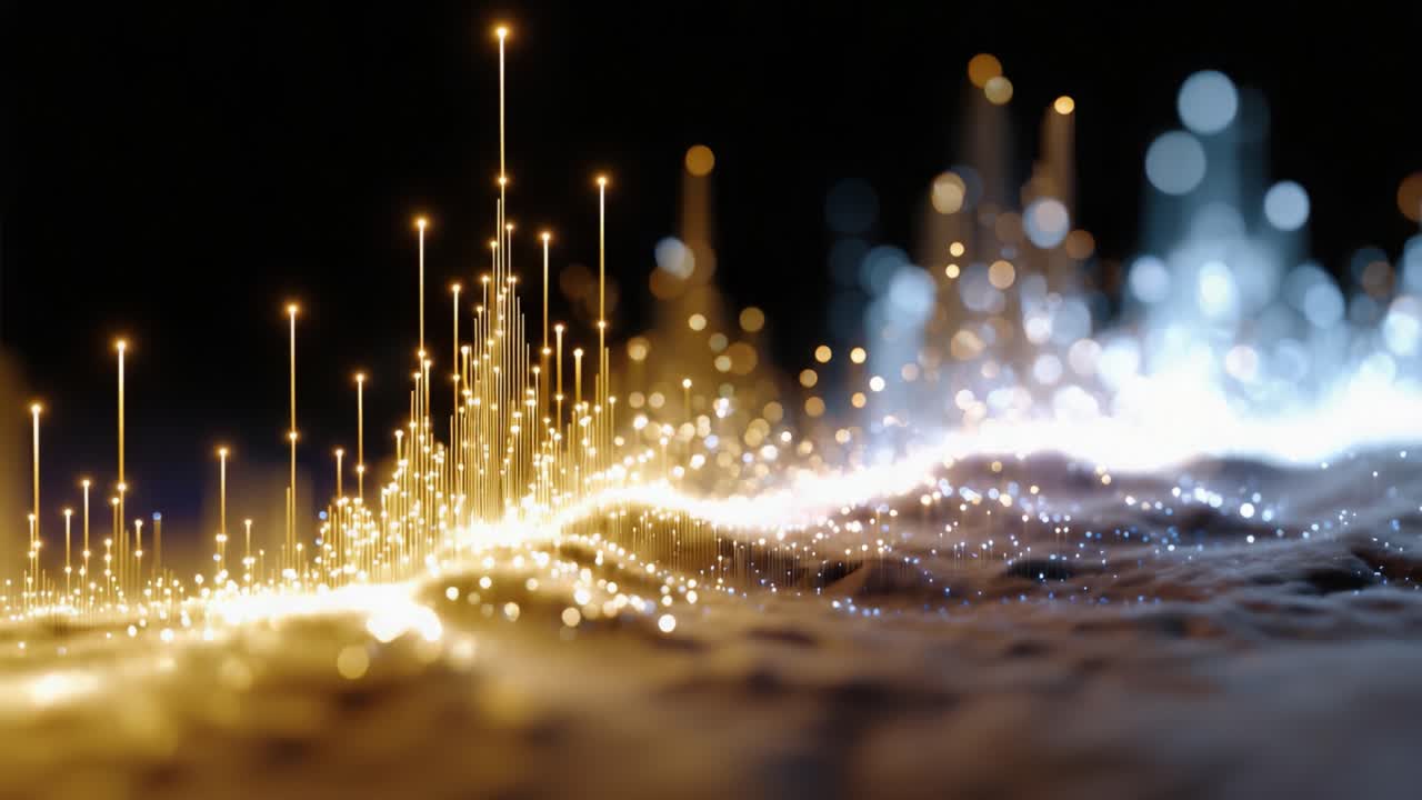 Un'ipnotica esposizione di vivaci pattern di luce, che mostra flussi dinamici di particelle dorate e argentate che danzano attraverso uno sfondo etereo e materico.