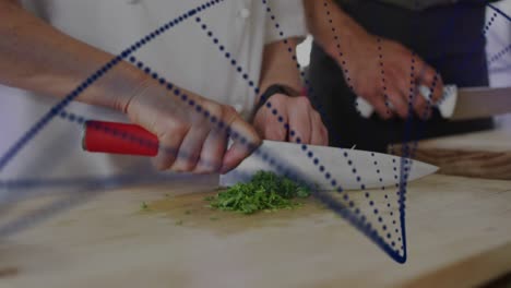 animación de puntos que forman una hélice de adn sobre las manos recortadas de un chef cortando verduras sobre una tabla de cortar