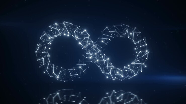 Uendelighedssymbol af prikker og forbindelseslinjer, sømløs loop 3D-renderanimation.