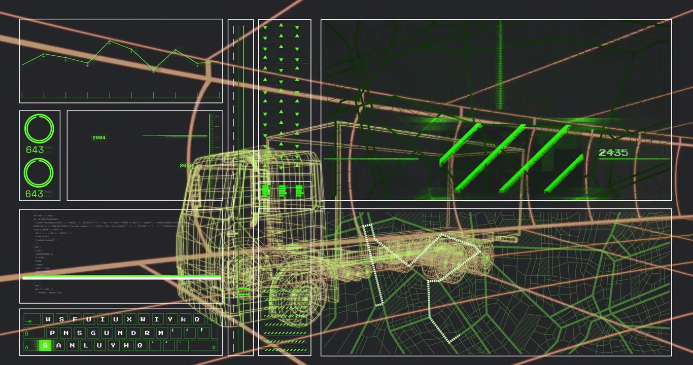 System receiving data input event activating wireframe truck HUD overlay bars updating diagnostics
