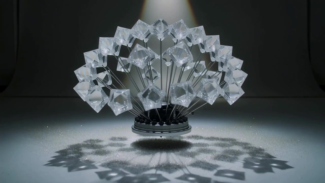 Faretti che illuminano cubi sfaccettati che levitano e si aprono sopra un pavimento di sale, con base in argento nero