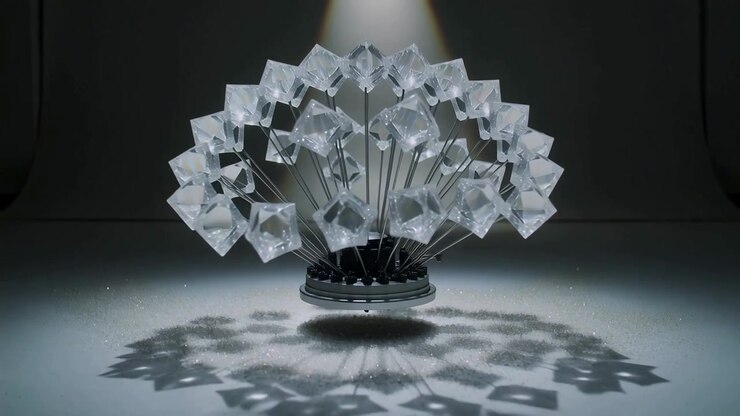 Spotlight starting faceted cubes levitating and opening over salt floor, with black silver base