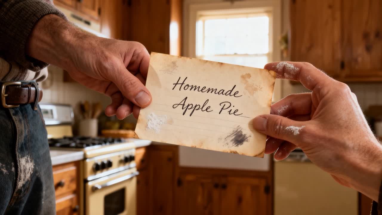 Extending left denim hand, floury right hand exchanging Homemade Apple Pie card in kitchen, baking