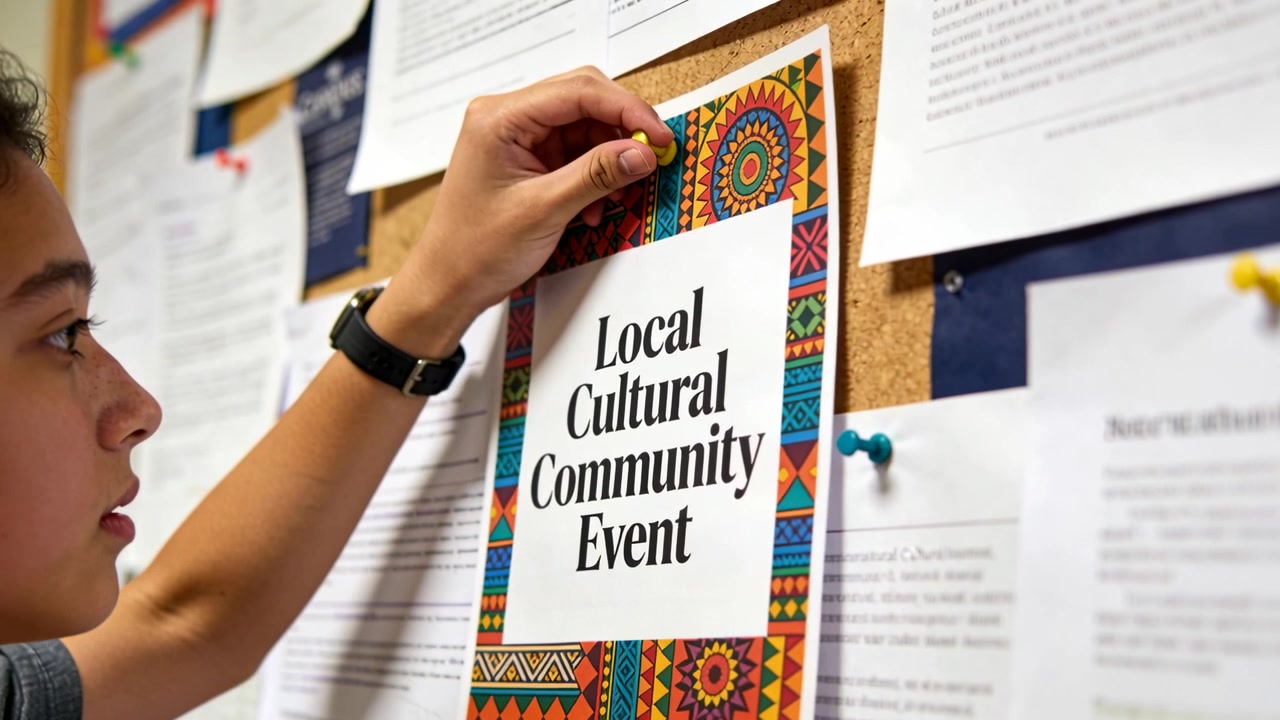 Approaching hall board, teen with watch pinning event flyer with yellow pushpin to post, copy space