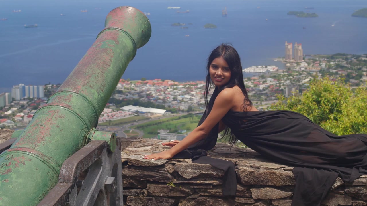 Static Tripod Shot: Indian Girl in Black Dress Enjoying Breeze on Fort Hill