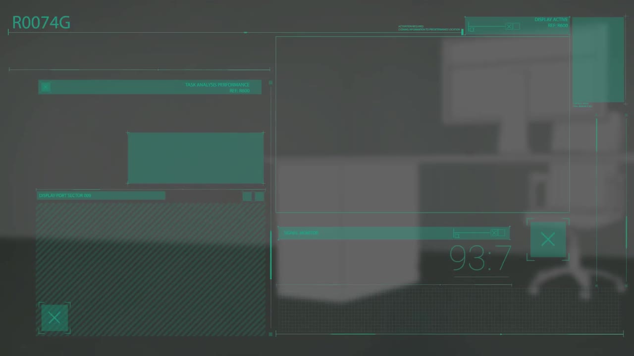 animación del procesamiento de datos sobre ventanas en una pantalla de computadora oscura con fondo gris.