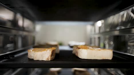 Steaks-grilling-in-an-industrial-oven,-close-up,-blurred-kitchen-background