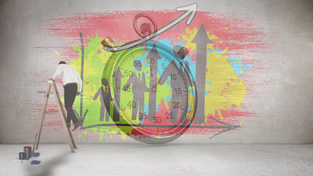 사다리와 스 ⁇ 워치에 있는 사업가와 함께 통계의 애니메이션