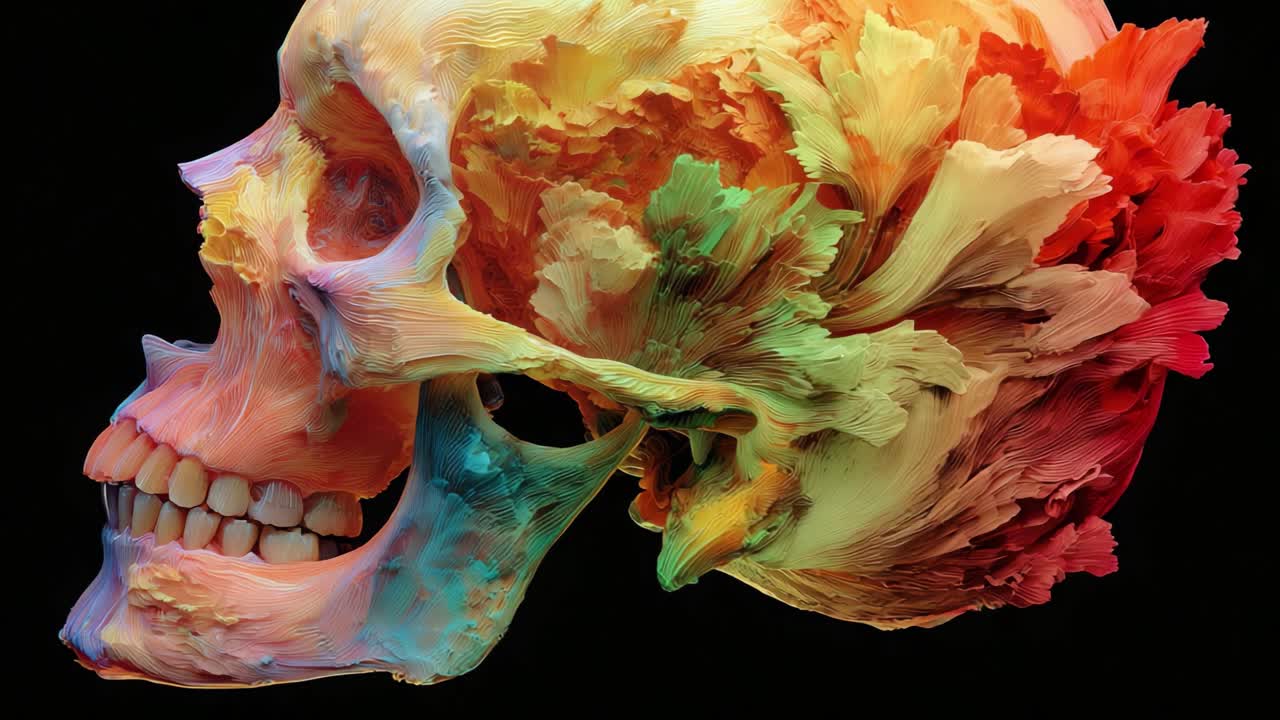 A Vividly Colorful Artistic Representation of a Skull, Highlighting Intricate Textures and Details That Merge Nature and Human Anatomy in a Stunning Visual Display