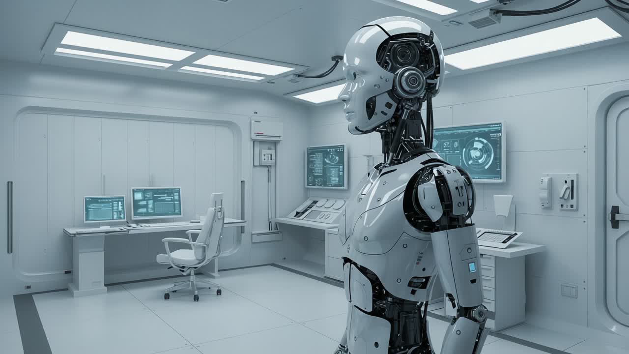 Advanced humanoid robot in a futuristic laboratory, showcasing intricate design and technology, highlighting the intersection of artificial intelligence and robotics in a sleek, modern environment