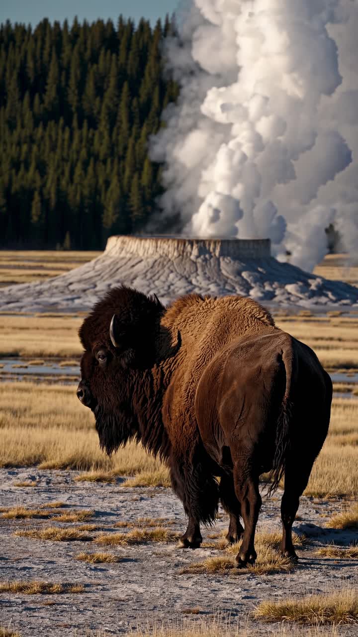 Video grandangolare di un bisonte solitario in un vasto campo dorato con un'eruzione di un geyser in lontananza