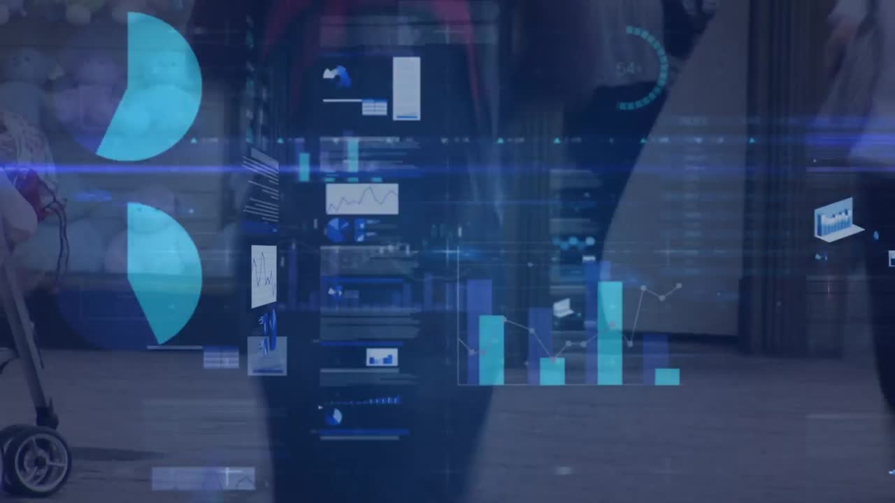 Animation of statistics and data processing over busy city street