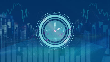 animación de reloj en movimiento sobre gráfico y líneas púrpuras